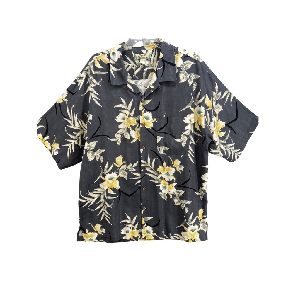 Tommy Bahama Black Short-Sleeve Hawaiian Shirt with Yellow Floral Print